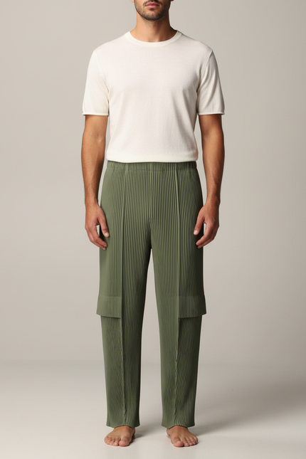 Pantalon Japonais Plissé Vert Kaki Ample Homme Décontracté - Polyester