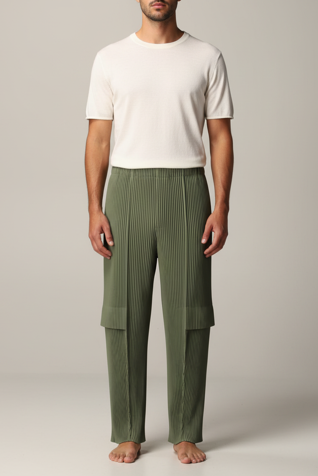 Pantalon Japonais Plissé Vert Kaki Ample Homme Décontracté - Polyester