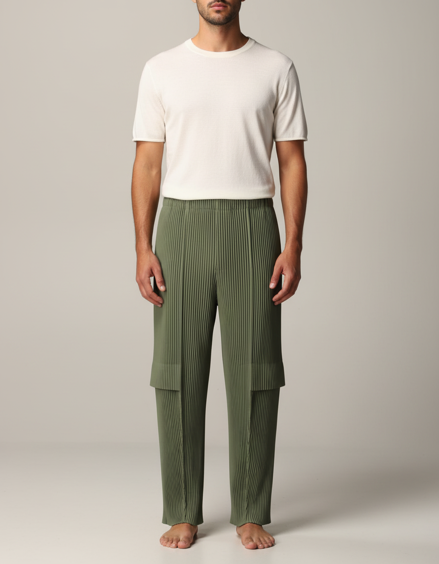 Pantalon Japonais Plissé Vert Kaki Ample Homme Décontracté - Polyester