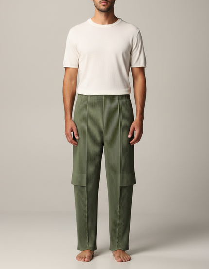 Pantalon Japonais Plissé Vert Kaki Ample Homme Décontracté - Polyester