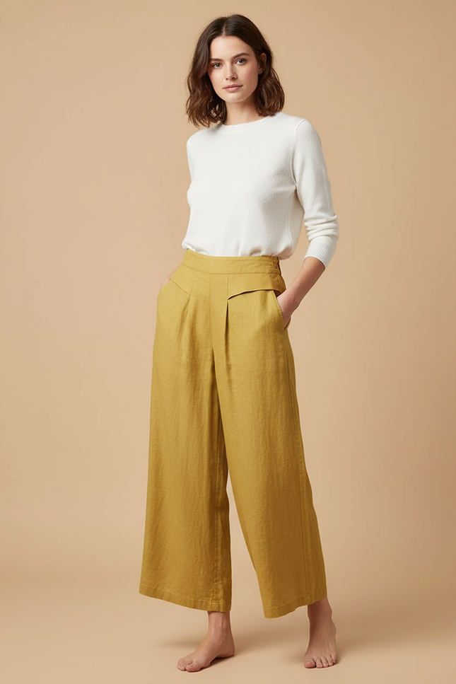 Pantalon Japonais Ample Lin Jaune Moutarde Femme Décontracté