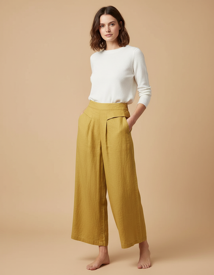 Pantalon Japonais Ample Lin Jaune Moutarde Femme Décontracté