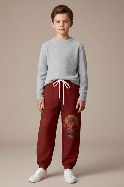 Pantalon Japonais Rouge Dragon Molleton Enfant Décontracté - Bordeaux