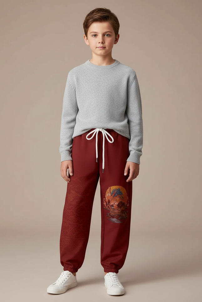 Pantalon Japonais Rouge Dragon Molleton Enfant Décontracté - Bordeaux