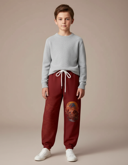 Pantalon Japonais Rouge Dragon Molleton Enfant Décontracté - Bordeaux