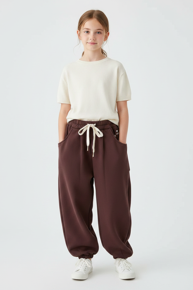 Pantalon Japonais Marron Ample Molletonné Cordon Enfant