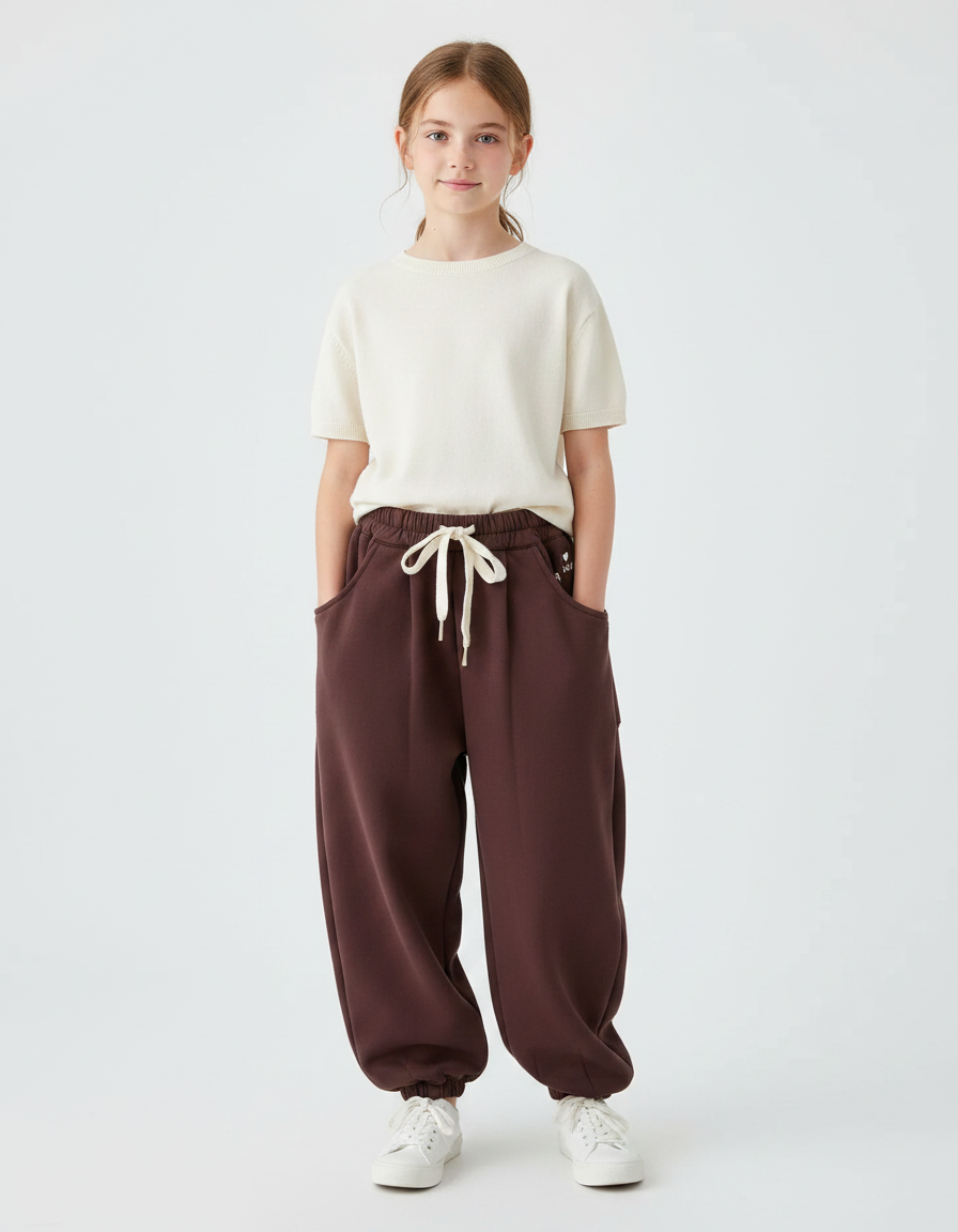 Pantalon Japonais Marron Ample Molletonné Cordon Enfant