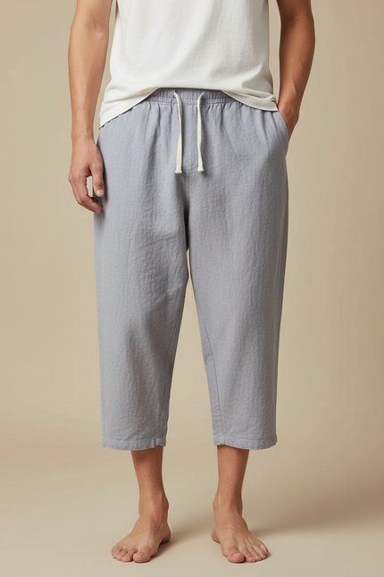Pantalon Japonais Gris Coton Ample Court Décontracté - Lin