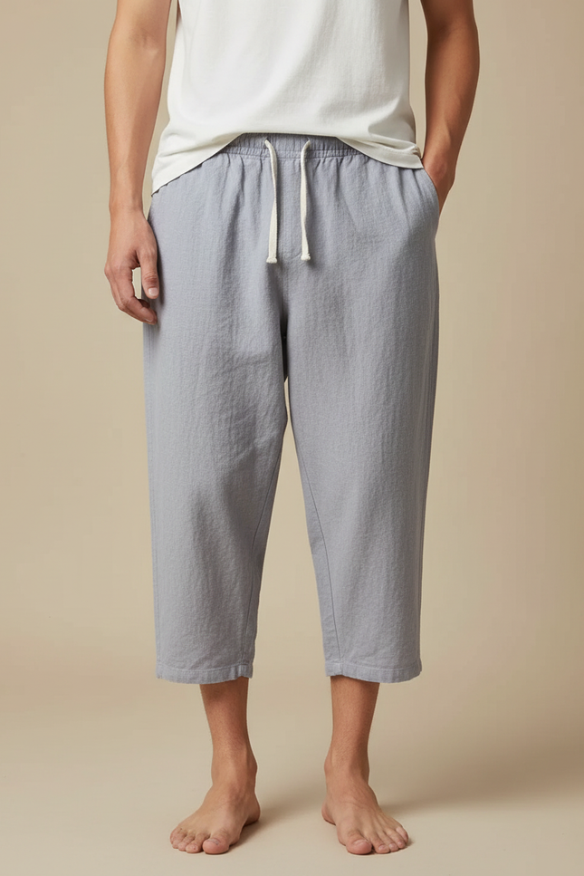 Pantalon Japonais Gris Coton Ample Court Décontracté - Lin