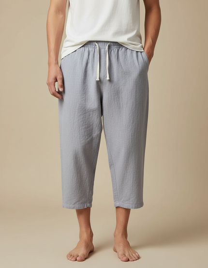 Pantalon Japonais Gris Coton Ample Court Décontracté - Lin