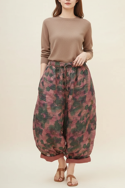 Pantalon Japonais Fleuri Lin Ample Harem Femme - Imprimé