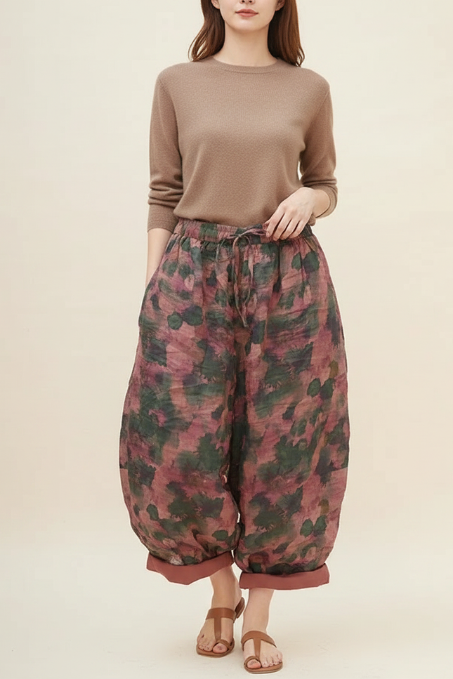 Pantalon Japonais Fleuri Lin Ample Harem Femme - Imprimé