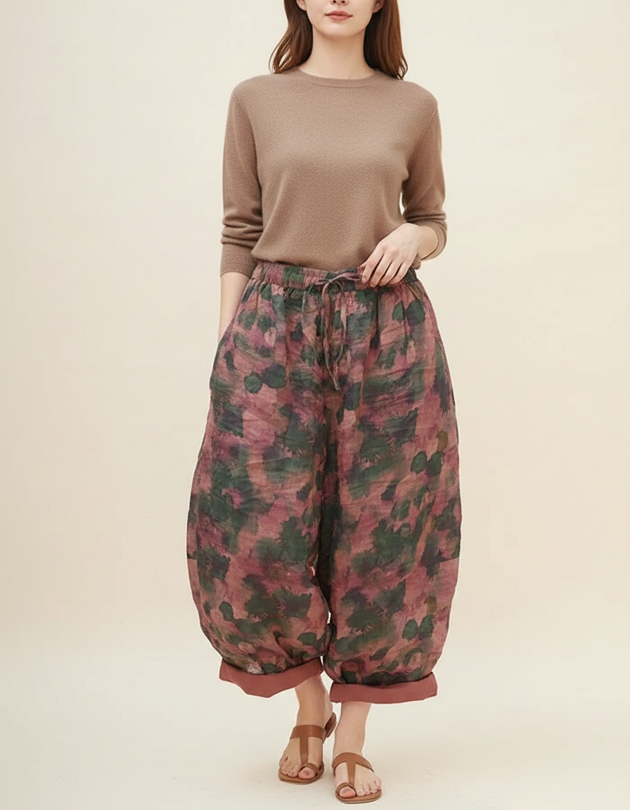 Pantalon Japonais Fleuri Lin Ample Harem Femme - Imprimé