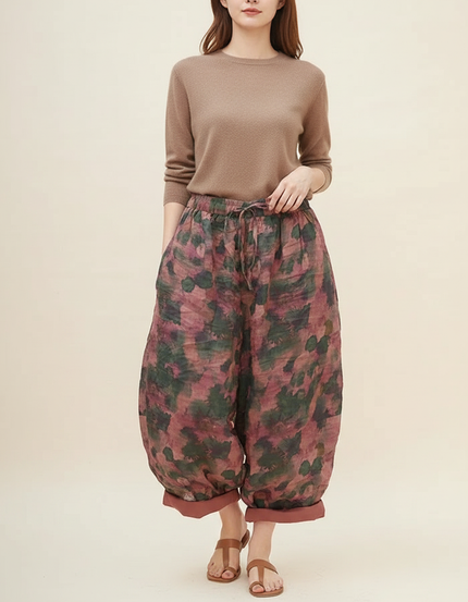 Pantalon Japonais Fleuri Lin Ample Harem Femme - Imprimé