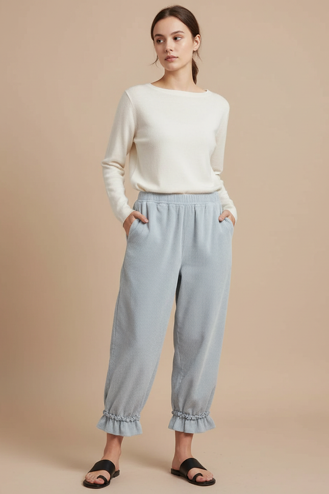 Pantalon Japonais Velours Côtelé Bleu Ample Volants