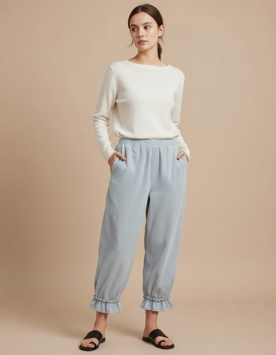 Pantalon Japonais Velours Côtelé Bleu Ample Volants