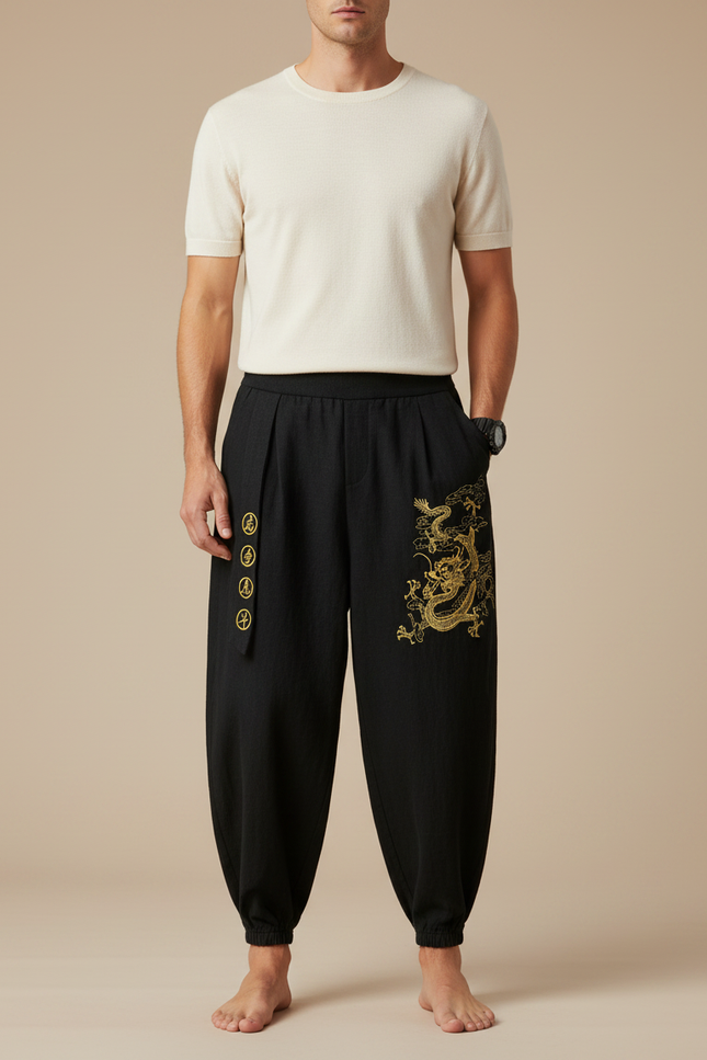 Pantalon Japonais Noir Dragon Brodé Harem Ample - Lin