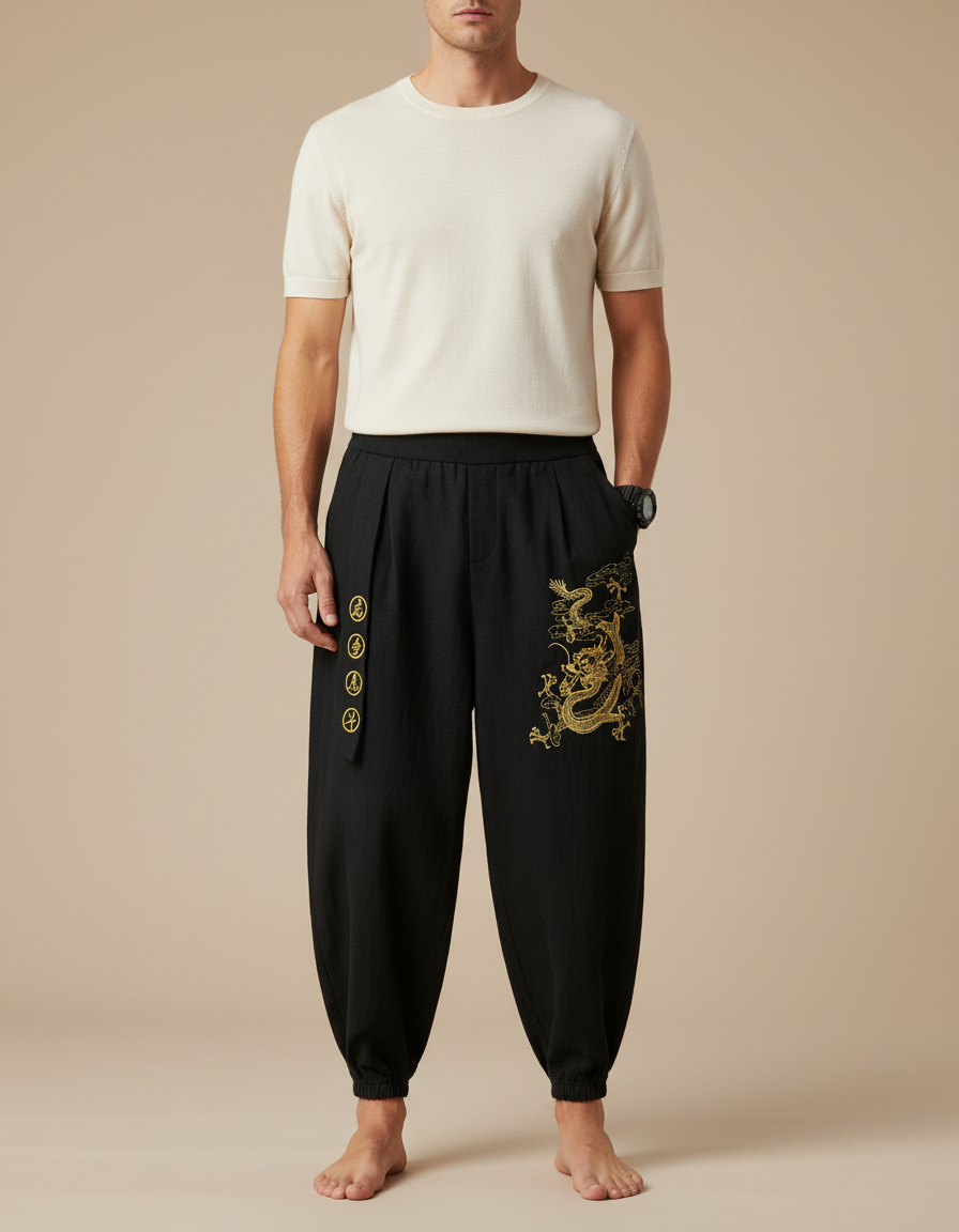 Pantalon Japonais Noir Dragon Brodé Harem Ample - Lin