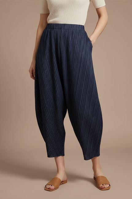 Pantalon Japonais Plissé Bleu Marine Ample Décontracté - Polyester