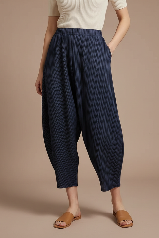 Pantalon Japonais Plissé Bleu Marine Ample Décontracté - Polyester