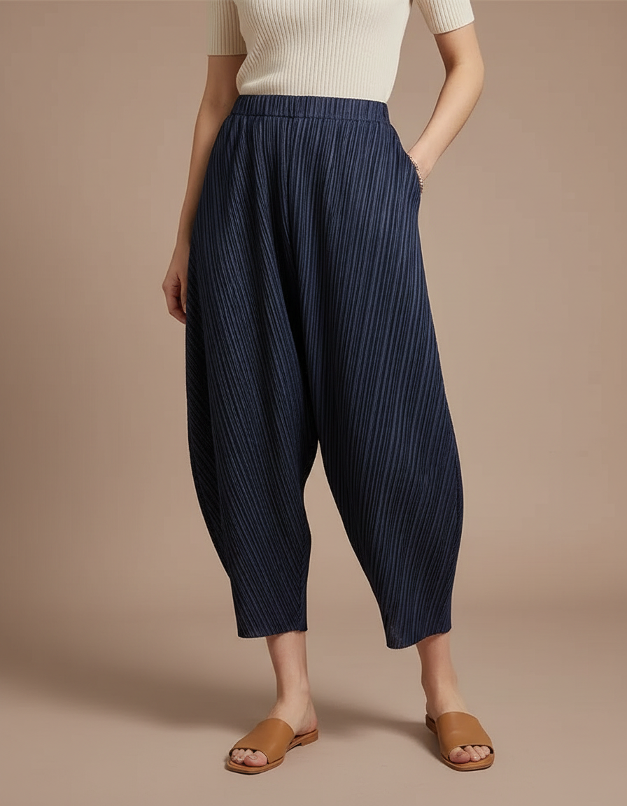 Pantalon Japonais Plissé Bleu Marine Ample Décontracté - Polyester