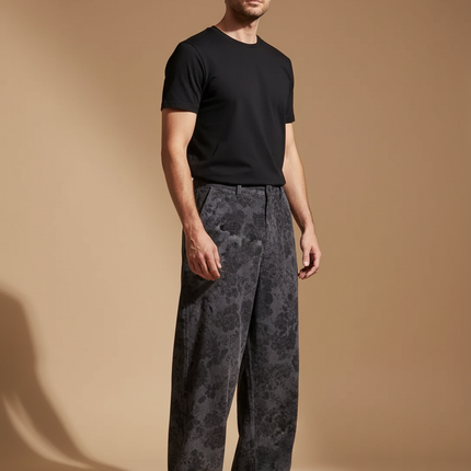 Pantalon Japonais Large Fleuri Gris Noir Décontracté - Coton