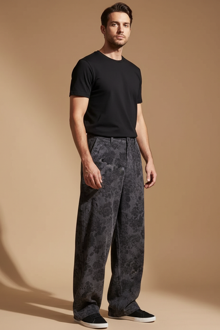 Pantalon Japonais Large Fleuri Gris Noir Décontracté - Coton