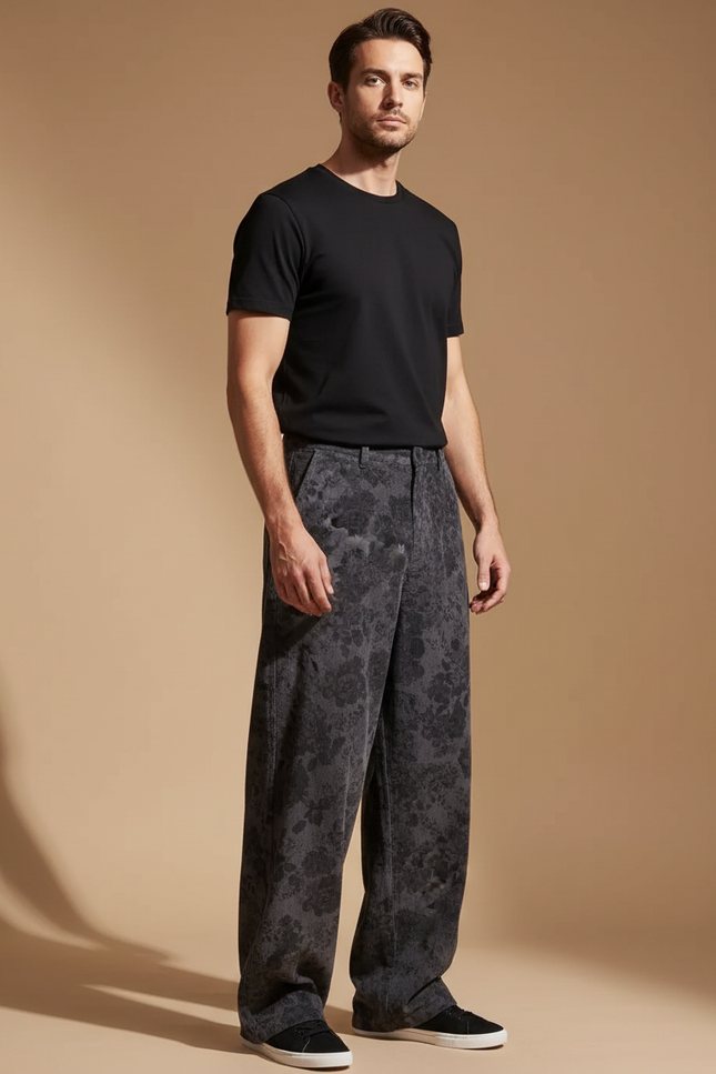 Pantalon Japonais Large Fleuri Gris Noir Décontracté - Coton