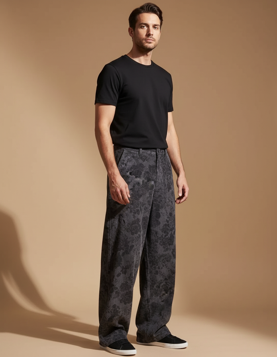 Pantalon Japonais Large Fleuri Gris Noir Décontracté - Coton