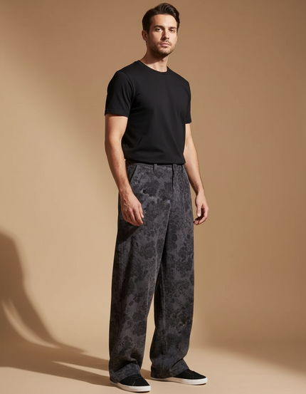 Pantalon Japonais Large Fleuri Gris Noir Décontracté - Coton