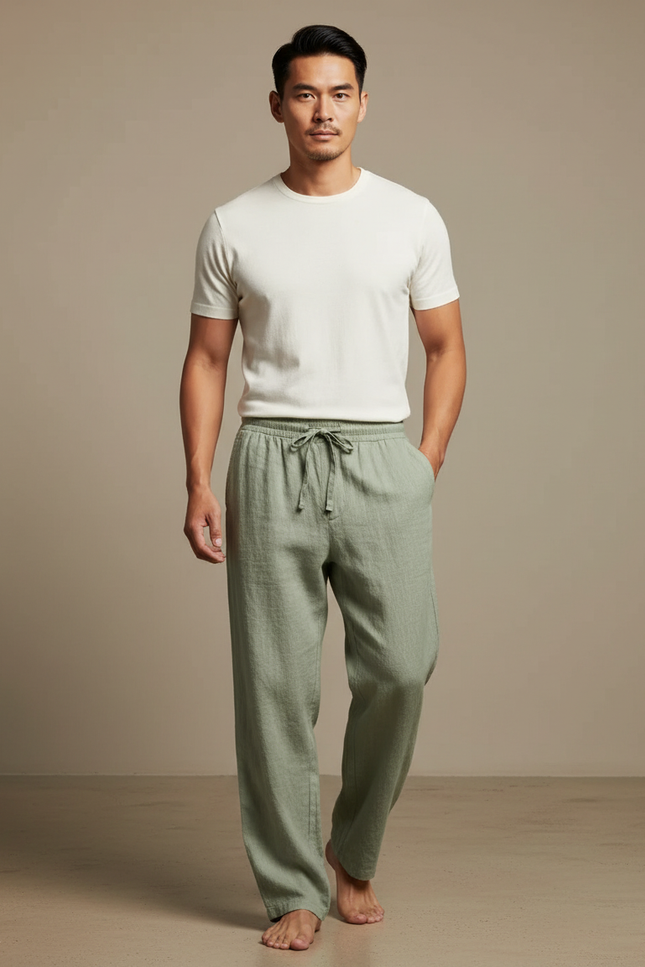 Pantalon Japonais Vert Lin Ample Confortable Décontracté