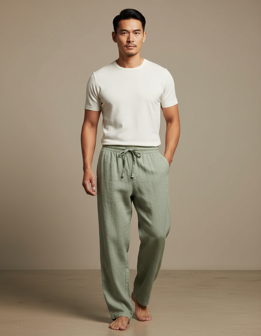 Pantalon Japonais Vert Lin Ample Confortable Décontracté