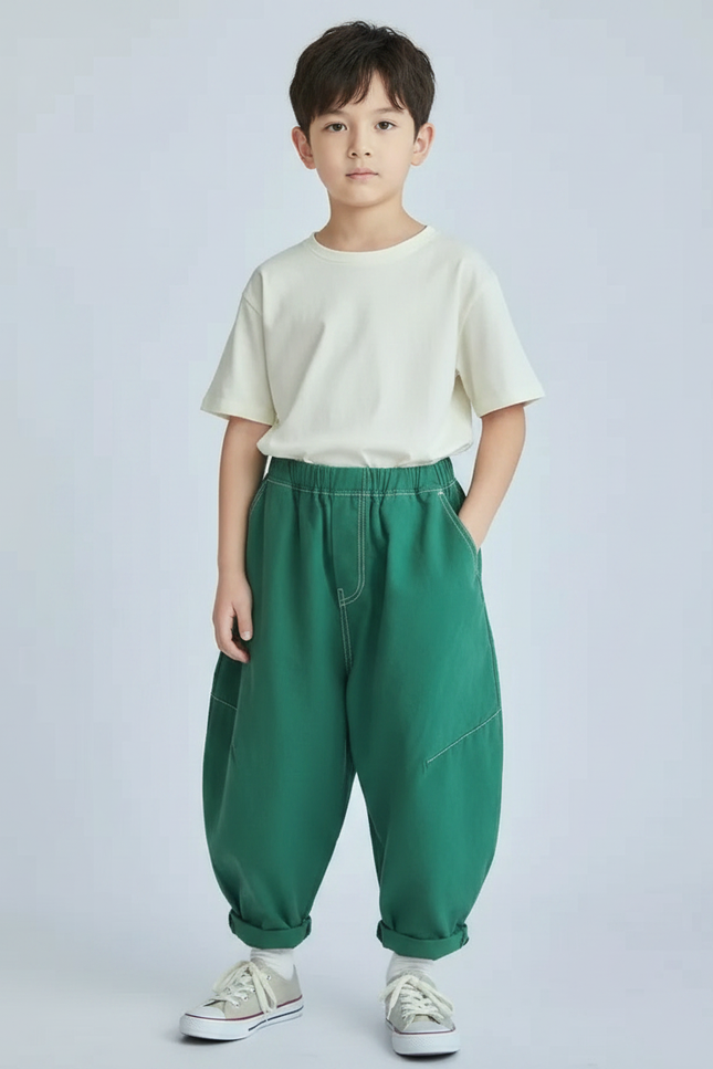 Pantalon Japonais Vert Ample Décontracté Enfant Garçon - Coton