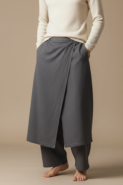 Pantalon Japonais Gris Asymétrique Coton Ample Moderne