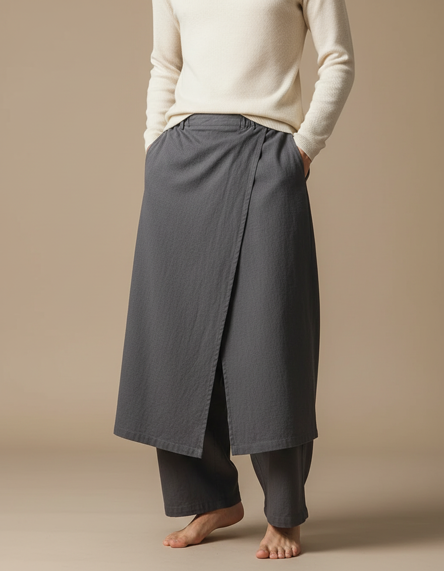 Pantalon Japonais Gris Asymétrique Coton Ample Moderne