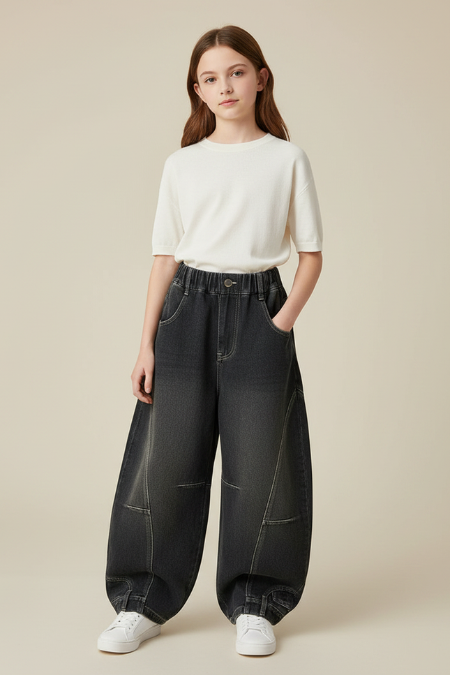 Pantalon Japonais Denim Gris Ample Élastique Fille - Jean
