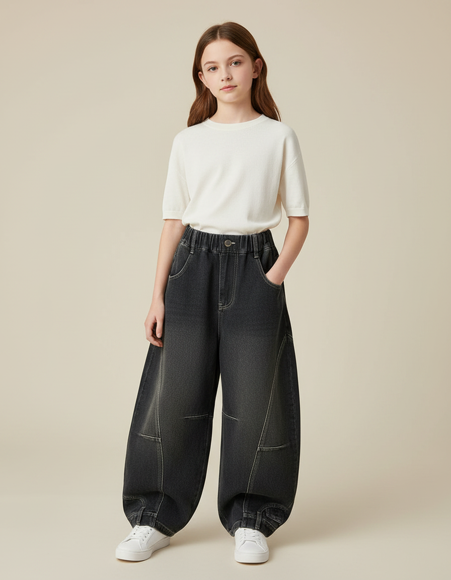Pantalon Japonais Denim Gris Ample Élastique Fille - Jean