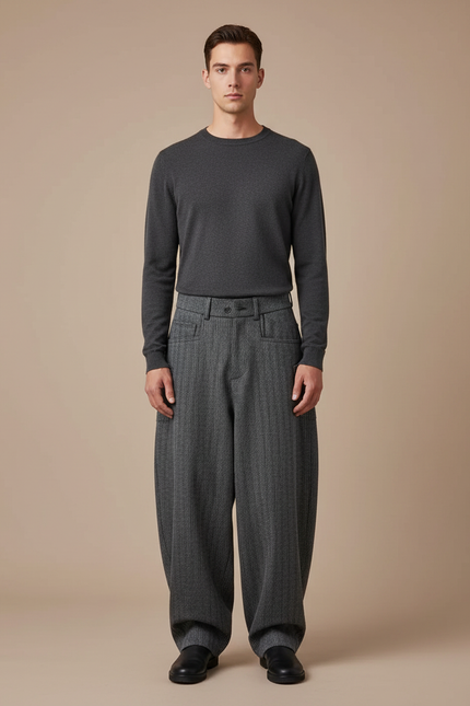 Pantalon Japonais Large Laine Rayé Gris Homme Décontracté