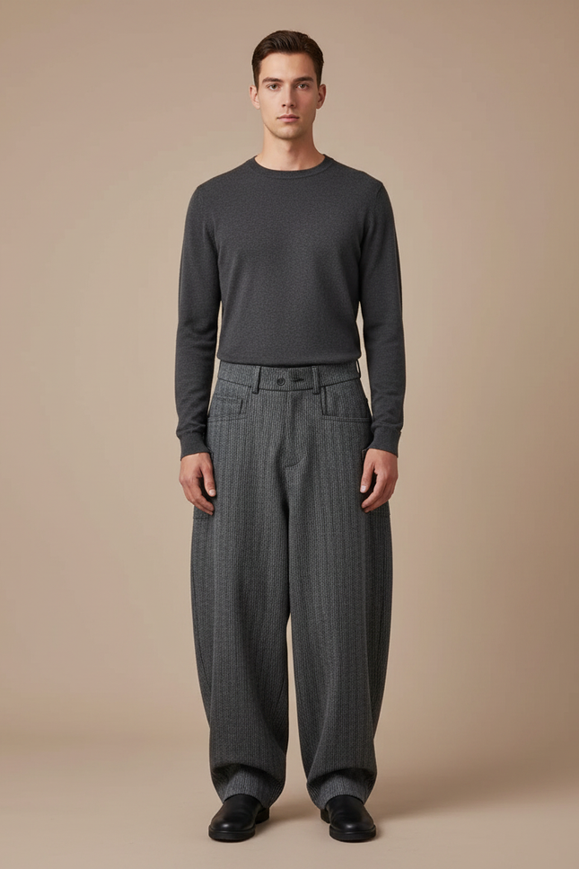 Pantalon Japonais Large Laine Rayé Gris Homme Décontracté