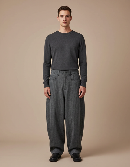 Pantalon Japonais Large Laine Rayé Gris Homme Décontracté