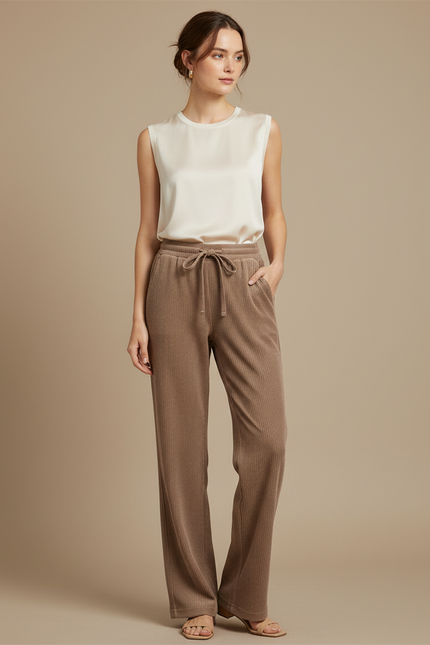 Pantalon Japonais Marron Côtelé Ample Confortable Cordon - Cordé