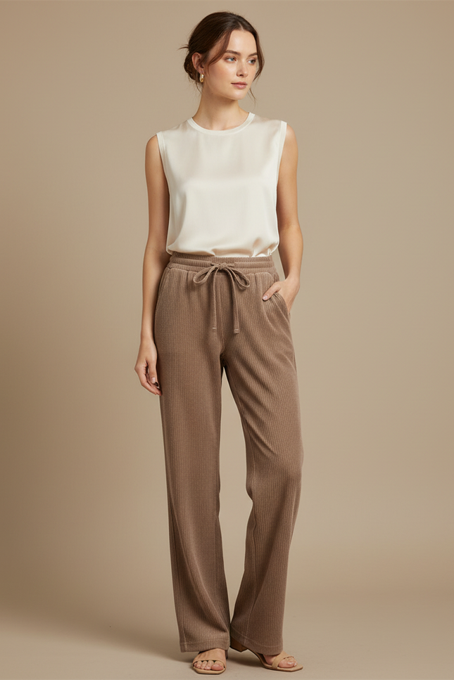 Pantalon Japonais Marron Côtelé Ample Confortable Cordon - Cordé