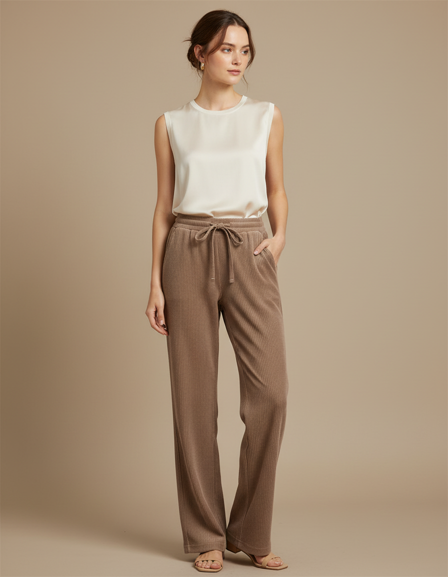 Pantalon Japonais Marron Côtelé Ample Confortable Cordon - Cordé