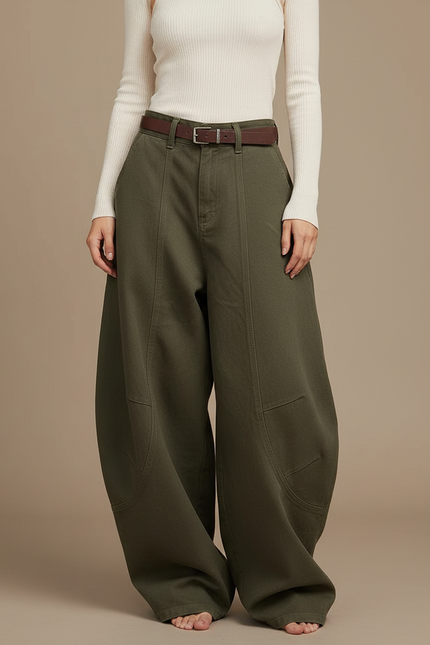 Pantalon Japonais Vert Ample Décontracté Coton Femme - Kaki Toile