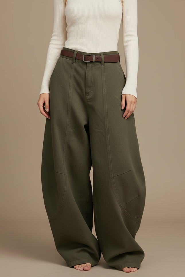 Pantalon Japonais Vert Ample Décontracté Coton Femme - Kaki Toile