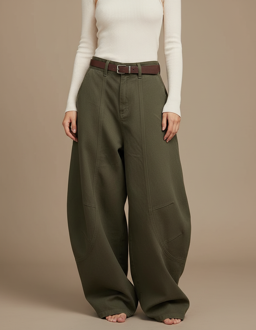 Pantalon Japonais Vert Ample Décontracté Coton Femme - Kaki Toile