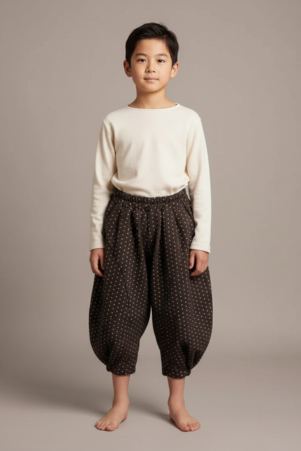 Pantalon Japonais Noir Points Blancs Ample Enfant - Marron Molleton