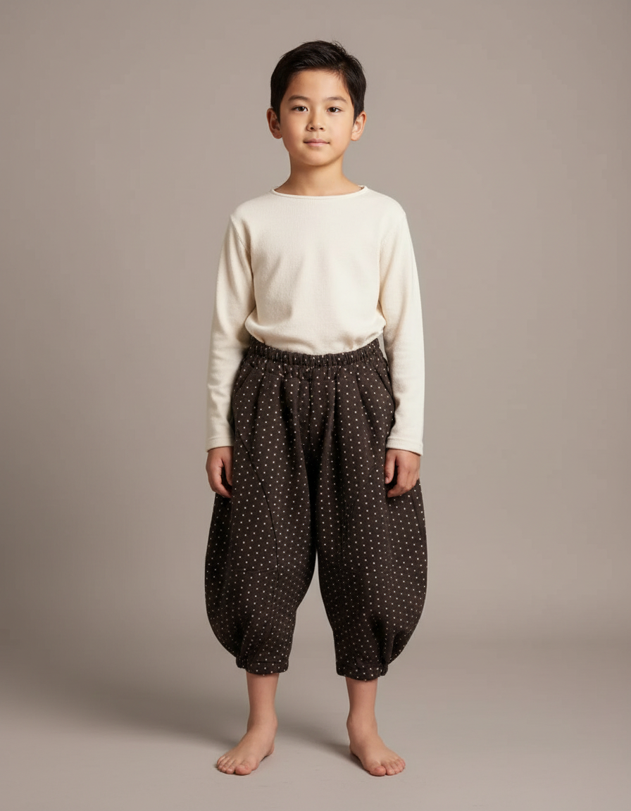Pantalon Japonais Noir Points Blancs Ample Enfant - Marron Molleton
