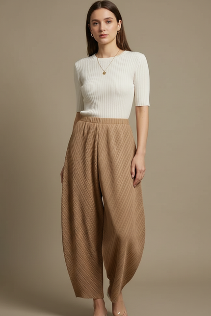 Pantalon Japonais Plissé Ample Marron Texturé Élégant - Polyester
