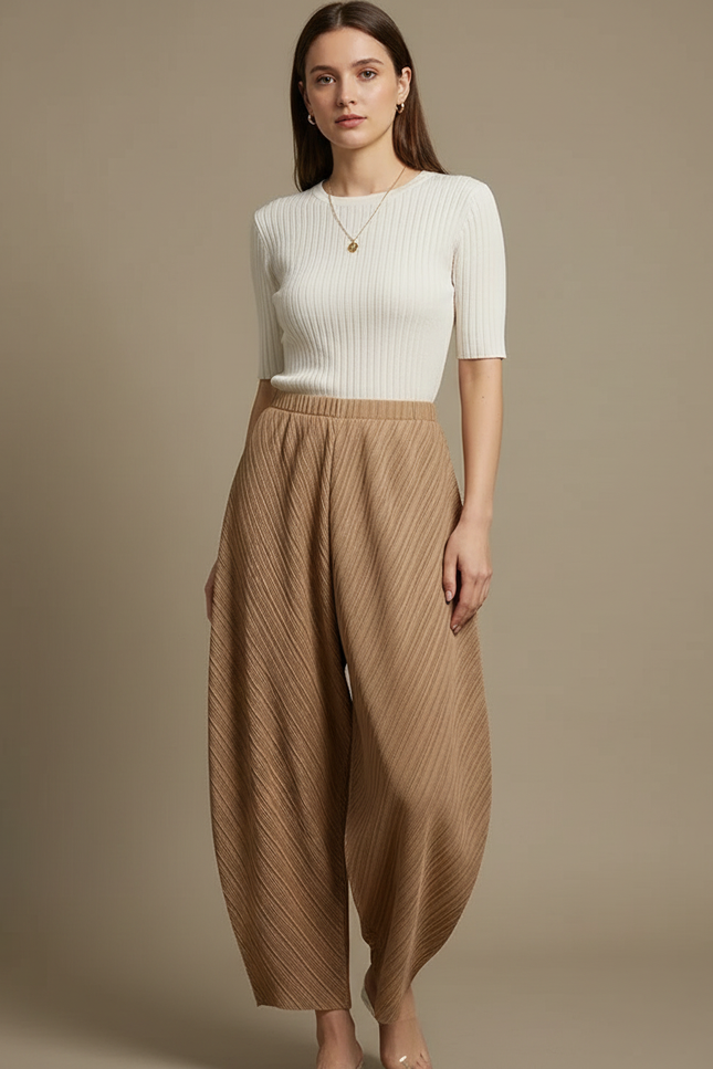 Pantalon Japonais Plissé Ample Marron Texturé Élégant - Polyester
